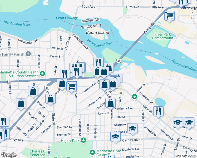 map of restaurants, bars, coffee shops, grocery stores, and more near 1821 Hall Avenue in Marinette