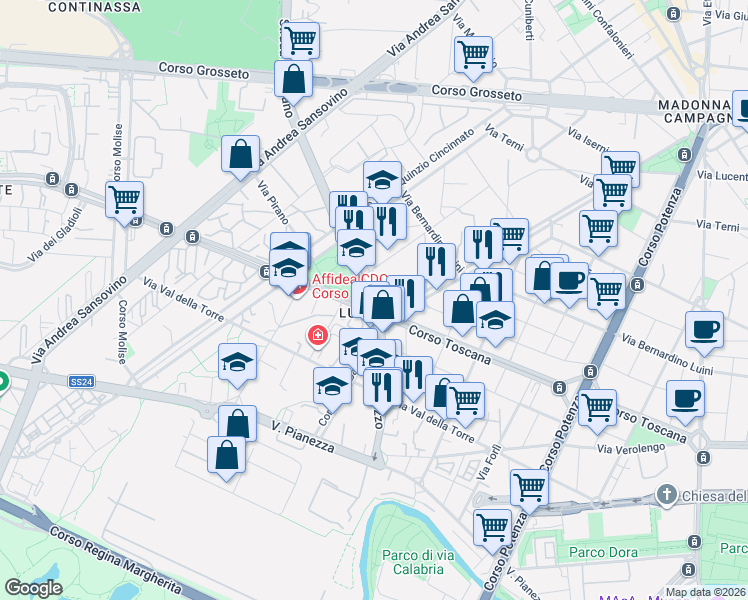map of restaurants, bars, coffee shops, grocery stores, and more near 2 Strada Antica della Venaria in Torino