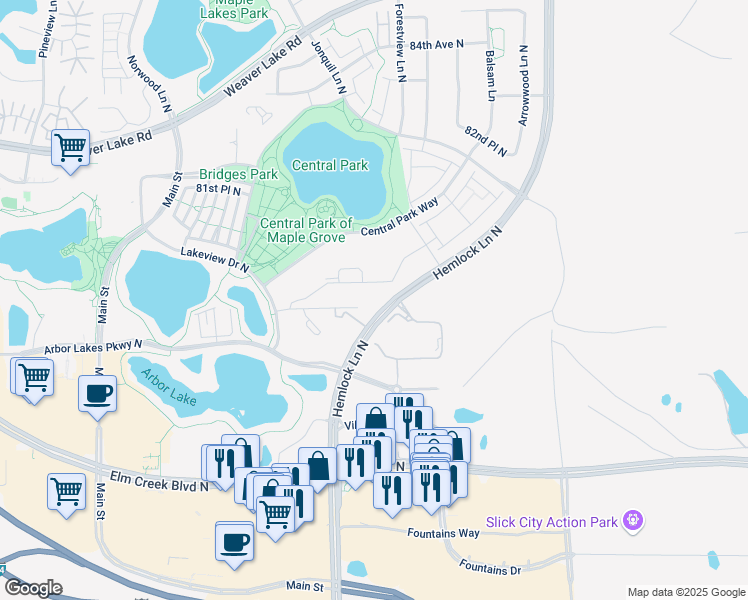 map of restaurants, bars, coffee shops, grocery stores, and more near 11875 80th Avenue North in Maple Grove