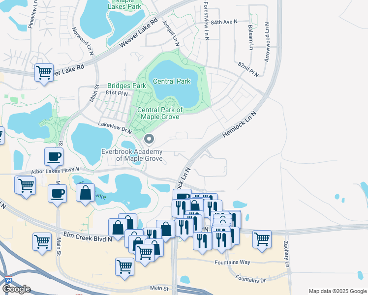 map of restaurants, bars, coffee shops, grocery stores, and more near 11875 80th Avenue North in Maple Grove
