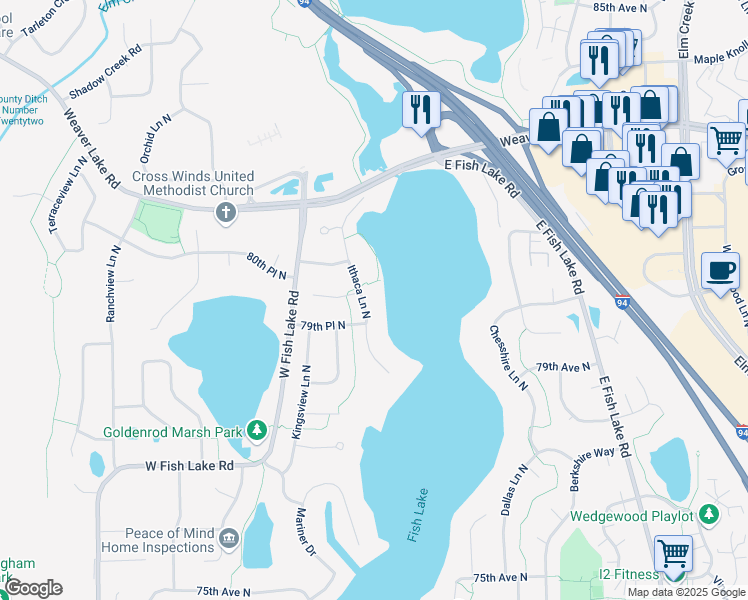 map of restaurants, bars, coffee shops, grocery stores, and more near 7982 Ithaca Lane North in Maple Grove