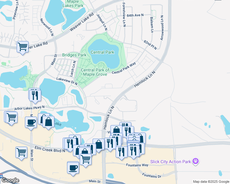 map of restaurants, bars, coffee shops, grocery stores, and more near 11700 80th Avenue North in Maple Grove