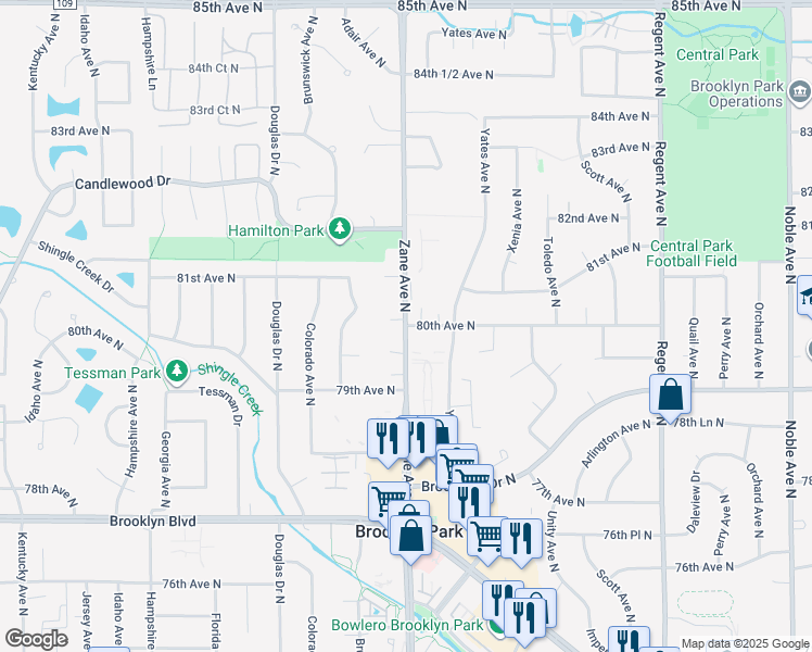 map of restaurants, bars, coffee shops, grocery stores, and more near Zane Ave N & 80th Ave N in Brooklyn Park