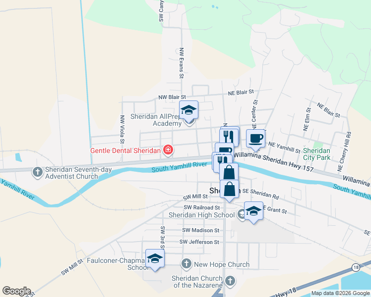 map of restaurants, bars, coffee shops, grocery stores, and more near 359 Northwest Yamhill Street in Sheridan