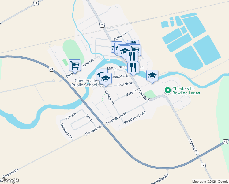map of restaurants, bars, coffee shops, grocery stores, and more near 2 Chesterville Armstrong Place in Chesterville