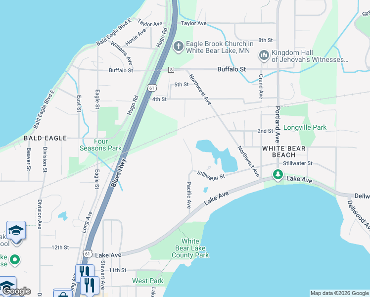 map of restaurants, bars, coffee shops, grocery stores, and more near 5260 Pathways Avenue in White Bear Lake
