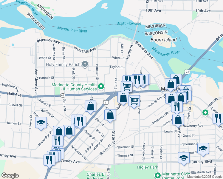 map of restaurants, bars, coffee shops, grocery stores, and more near 383 State Street in Marinette