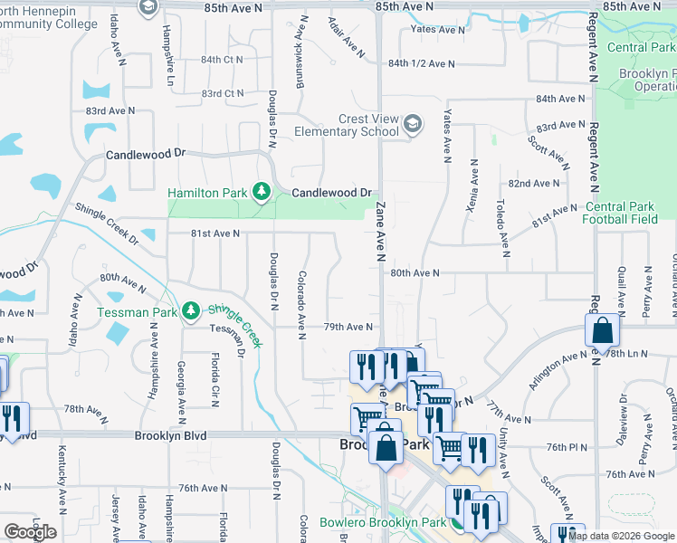 map of restaurants, bars, coffee shops, grocery stores, and more near 8025 Brunswick Avenue North in Minneapolis