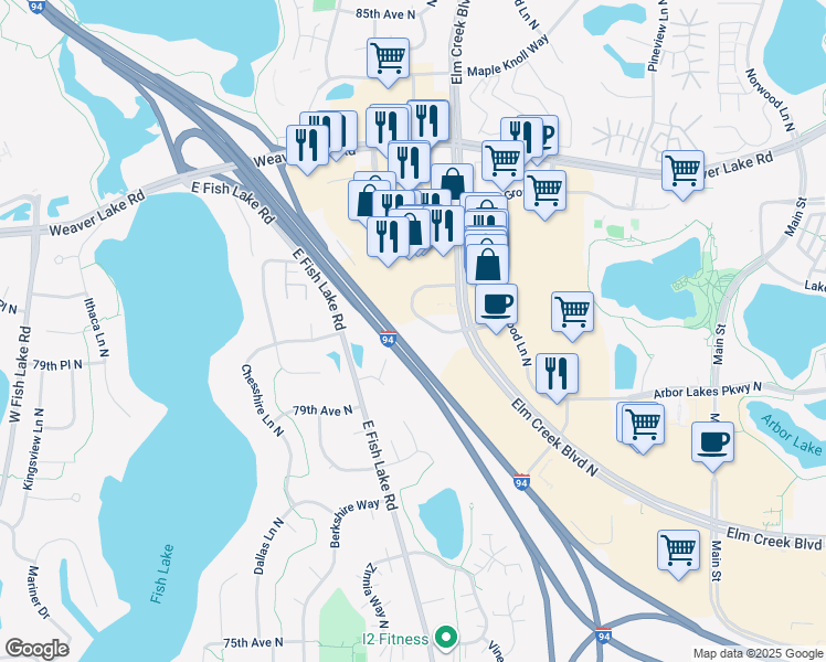 map of restaurants, bars, coffee shops, grocery stores, and more near 13603 80th Circle North in Maple Grove