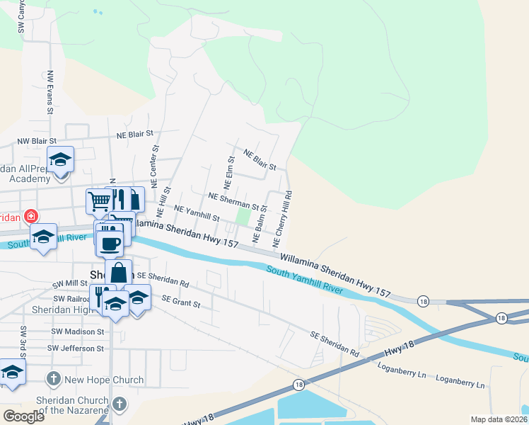 map of restaurants, bars, coffee shops, grocery stores, and more near 343 Northeast Balm Street in Sheridan