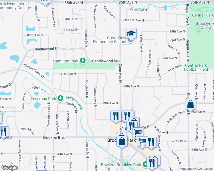 map of restaurants, bars, coffee shops, grocery stores, and more near 8025 Brunswick Avenue North in Minneapolis