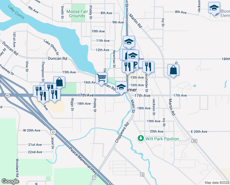 map of restaurants, bars, coffee shops, grocery stores, and more near 1419 Duncan Road in Bloomer