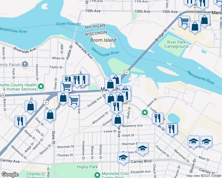 map of restaurants, bars, coffee shops, grocery stores, and more near in Marinette