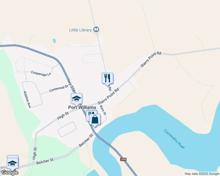 map of restaurants, bars, coffee shops, grocery stores, and more near 40 Collins Road in Port Williams