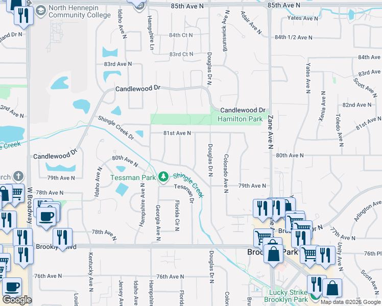 map of restaurants, bars, coffee shops, grocery stores, and more near 8017 Edgewood Avenue North in Minneapolis
