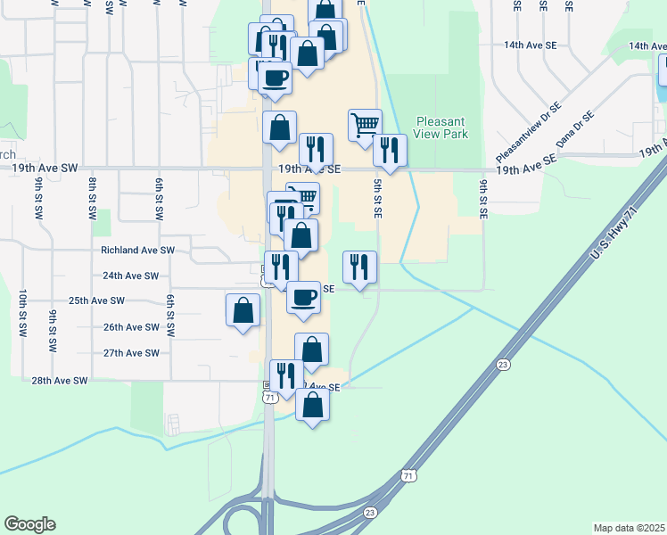 map of restaurants, bars, coffee shops, grocery stores, and more near 2211 1st Street South in Willmar