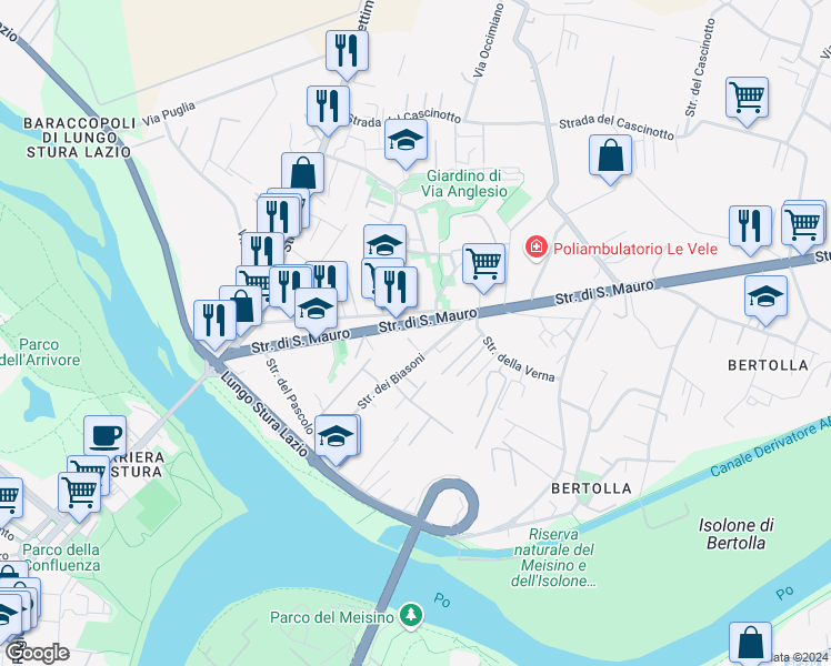 map of restaurants, bars, coffee shops, grocery stores, and more near 71-99 Strada di San Mauro in Torino