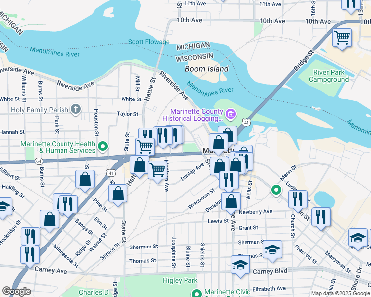 map of restaurants, bars, coffee shops, grocery stores, and more near 1926 Hall Avenue in Marinette