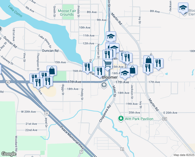 map of restaurants, bars, coffee shops, grocery stores, and more near 1419 Duncan Road in Bloomer