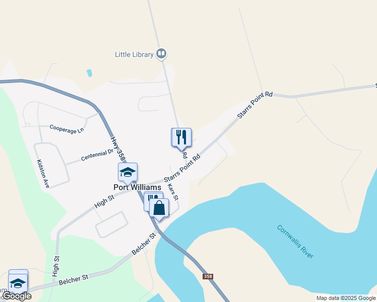 map of restaurants, bars, coffee shops, grocery stores, and more near 16 Collins Road in Port Williams