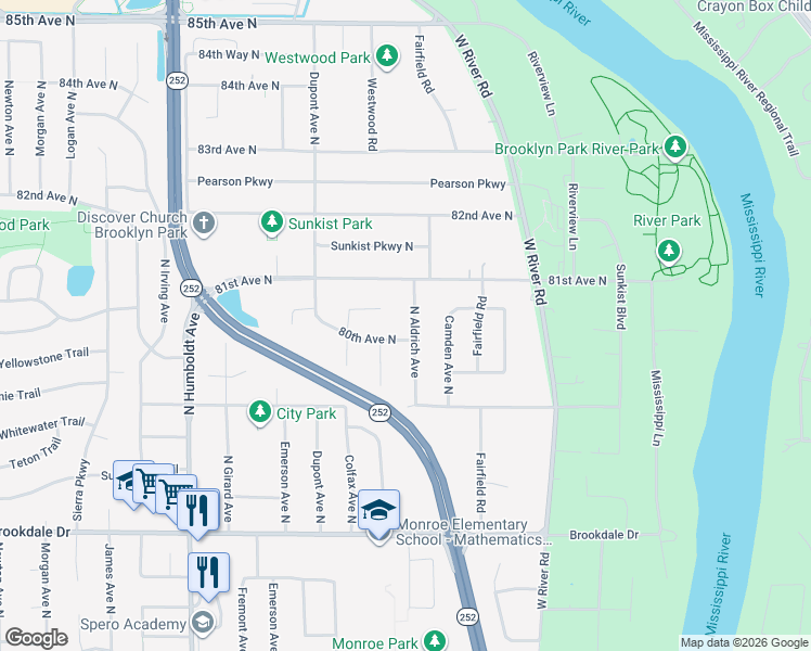 map of restaurants, bars, coffee shops, grocery stores, and more near 1024 80th Court North in Minneapolis