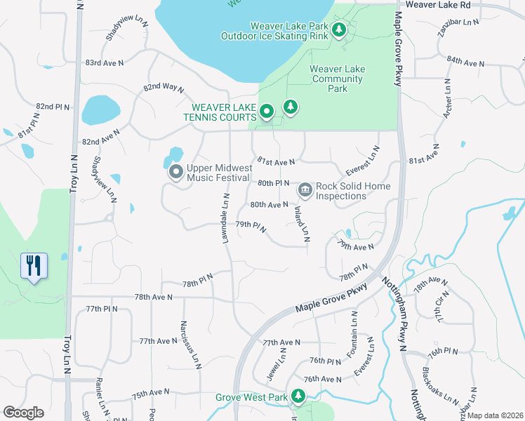 map of restaurants, bars, coffee shops, grocery stores, and more near 17400 80th Avenue North in Osseo