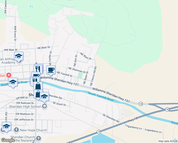 map of restaurants, bars, coffee shops, grocery stores, and more near 807 Northeast Sherman Street in Sheridan