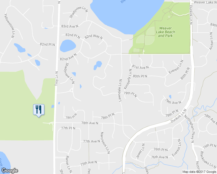 map of restaurants, bars, coffee shops, grocery stores, and more near 17701 80th Court North in Osseo