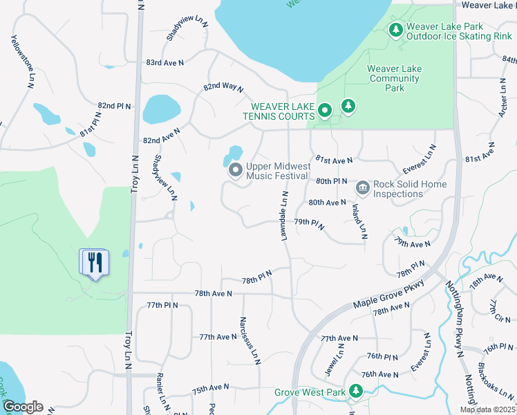 map of restaurants, bars, coffee shops, grocery stores, and more near 17701 80th Court North in Osseo