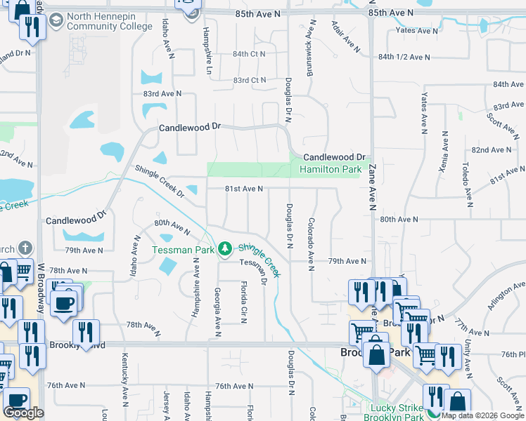 map of restaurants, bars, coffee shops, grocery stores, and more near 8017 Edgewood Avenue North in Minneapolis