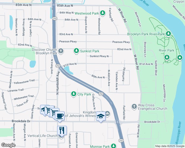 map of restaurants, bars, coffee shops, grocery stores, and more near 1008 80th Court North in Minneapolis