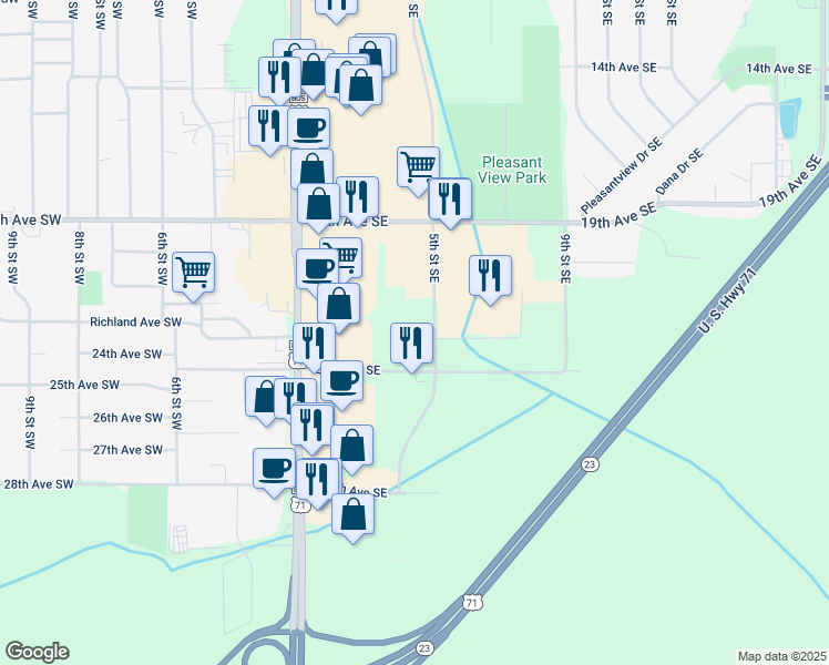 map of restaurants, bars, coffee shops, grocery stores, and more near 2200 5th Avenue Southeast in Willmar