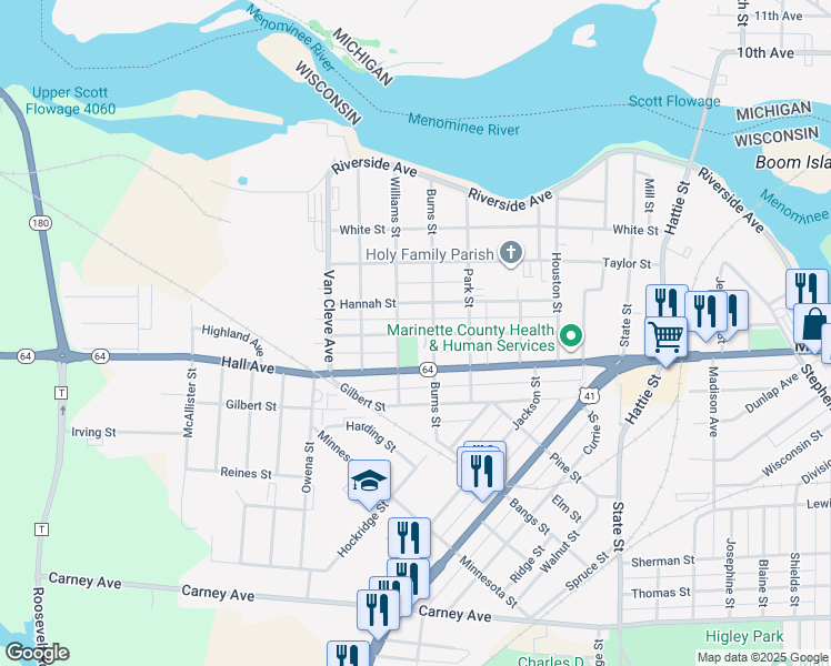 map of restaurants, bars, coffee shops, grocery stores, and more near 2904 Parkridge Avenue in Marinette