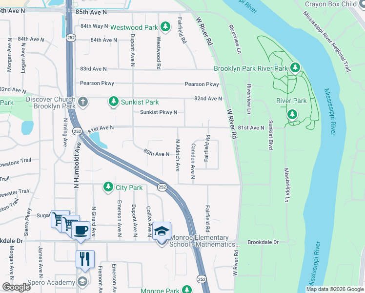 map of restaurants, bars, coffee shops, grocery stores, and more near 8017 Camden Avenue North in Minneapolis