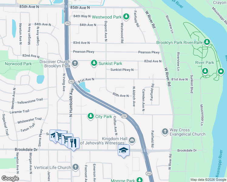 map of restaurants, bars, coffee shops, grocery stores, and more near 1008 80th Court North in Minneapolis