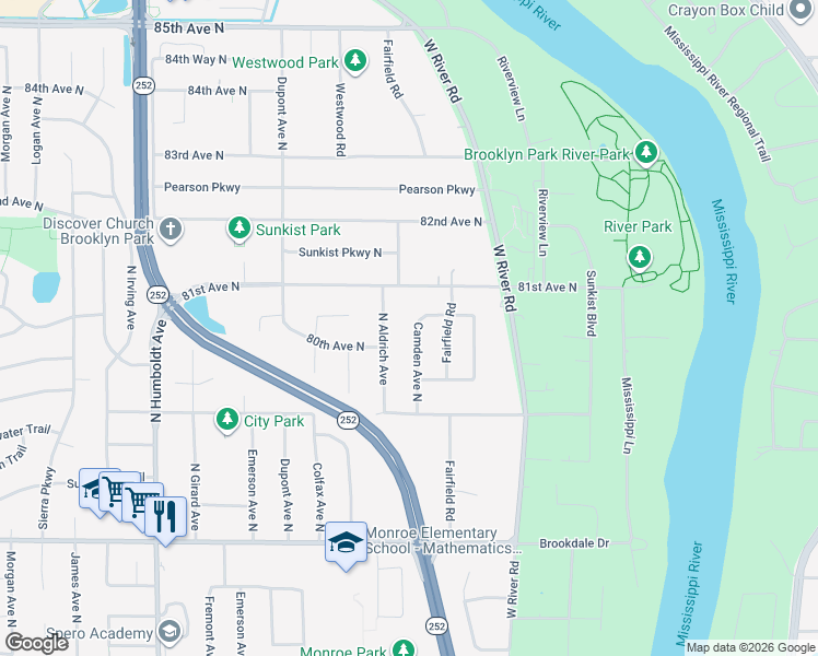 map of restaurants, bars, coffee shops, grocery stores, and more near 8017 Camden Avenue North in Minneapolis