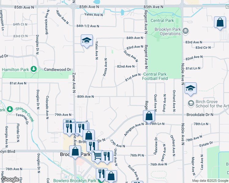 map of restaurants, bars, coffee shops, grocery stores, and more near 5401 81st Avenue North in Minneapolis