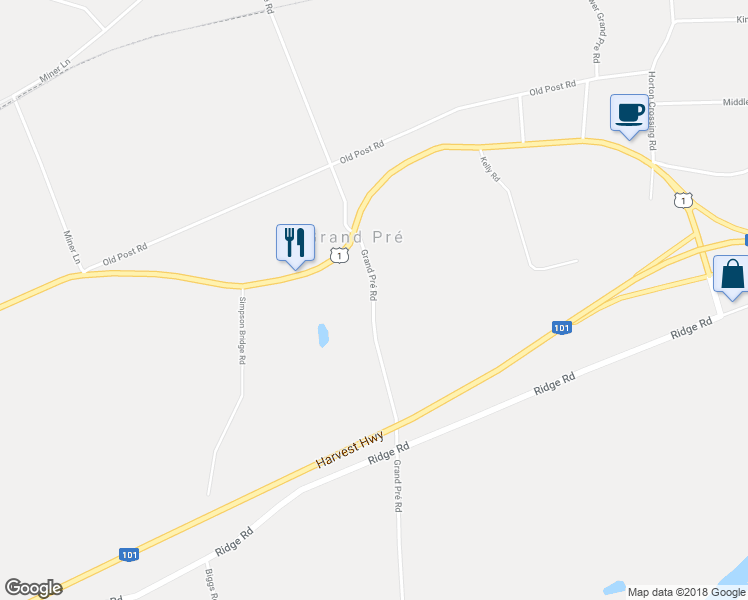 map of restaurants, bars, coffee shops, grocery stores, and more near 2006 Grand Pré Road in Kings County