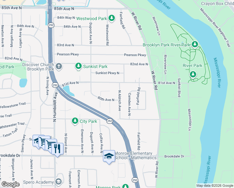 map of restaurants, bars, coffee shops, grocery stores, and more near 1024 80th Court North in Minneapolis