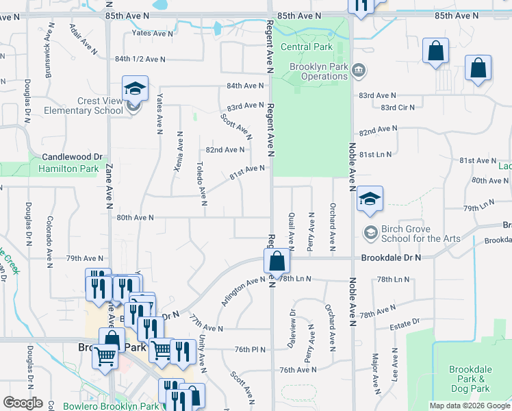 map of restaurants, bars, coffee shops, grocery stores, and more near 8016 Scott Avenue North in Minneapolis