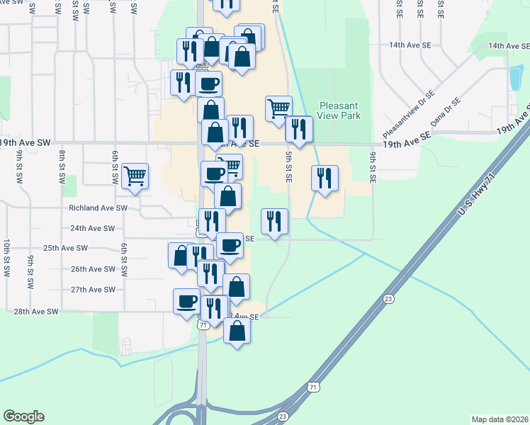 map of restaurants, bars, coffee shops, grocery stores, and more near 2200 5th Avenue Southeast in Willmar
