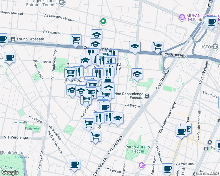 map of restaurants, bars, coffee shops, grocery stores, and more near 57 Via Michele Coppino in Torino
