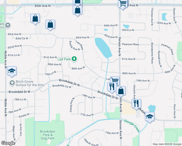 map of restaurants, bars, coffee shops, grocery stores, and more near 7952 Lad Parkway in Minneapolis
