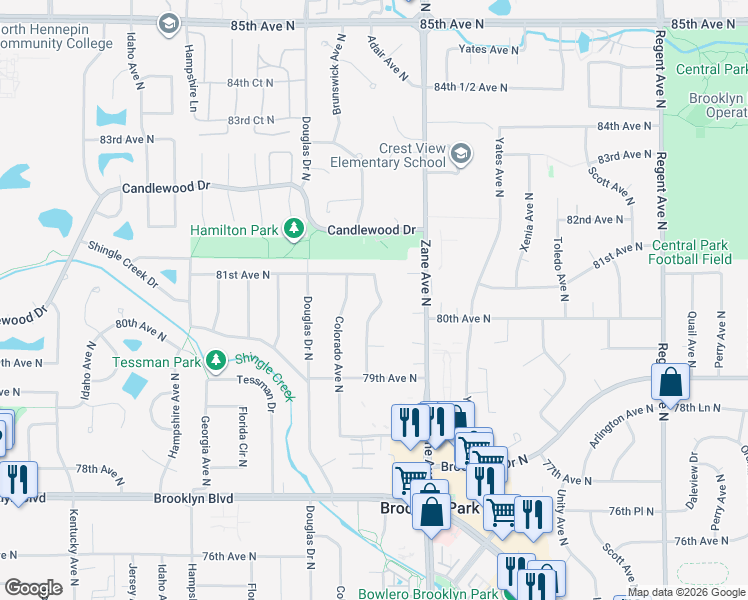 map of restaurants, bars, coffee shops, grocery stores, and more near 8025 Brunswick Avenue North in Minneapolis