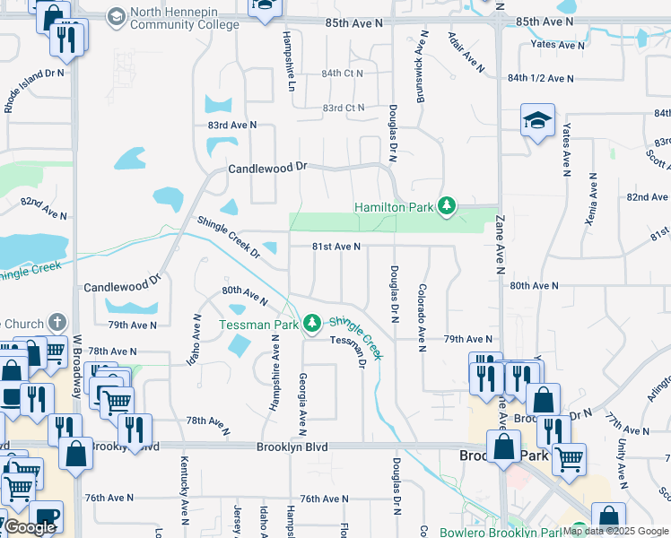 map of restaurants, bars, coffee shops, grocery stores, and more near 8017 Florida Avenue North in Minneapolis