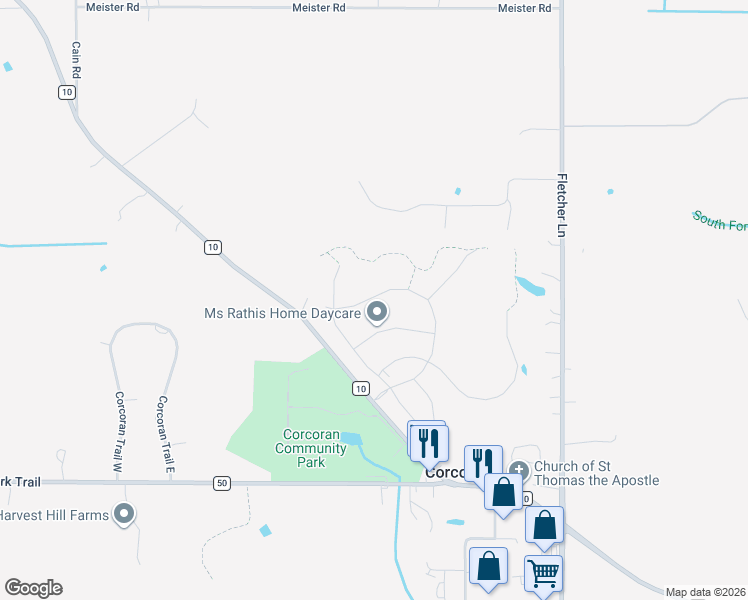 map of restaurants, bars, coffee shops, grocery stores, and more near 20310 Co Road in Corcoran