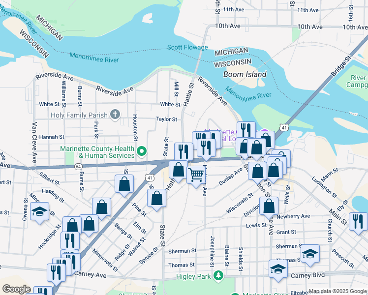map of restaurants, bars, coffee shops, grocery stores, and more near 650 Hattie Street in Marinette