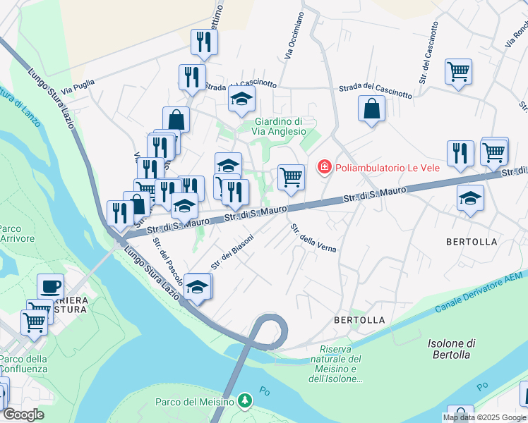 map of restaurants, bars, coffee shops, grocery stores, and more near 99 Strada di San Mauro in Torino