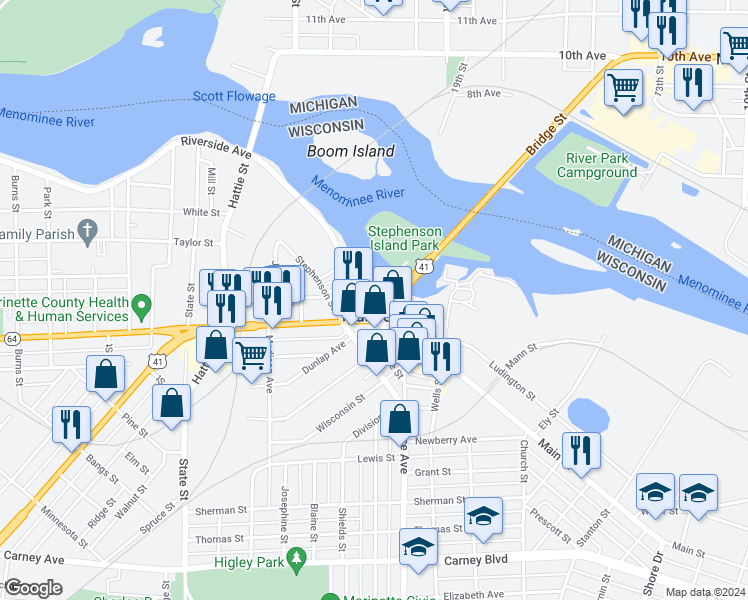 map of restaurants, bars, coffee shops, grocery stores, and more near 1700 Hall Avenue in Marinette