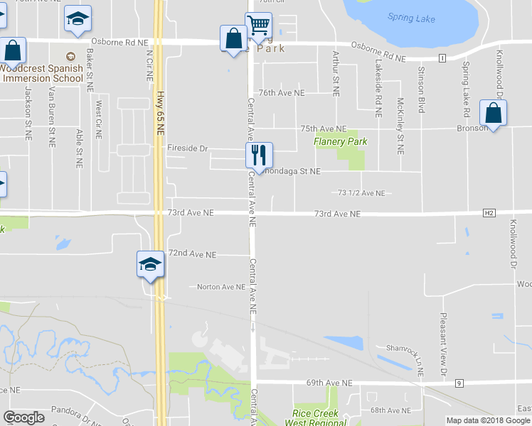map of restaurants, bars, coffee shops, grocery stores, and more near 1335 73rd Avenue Northeast in Fridley